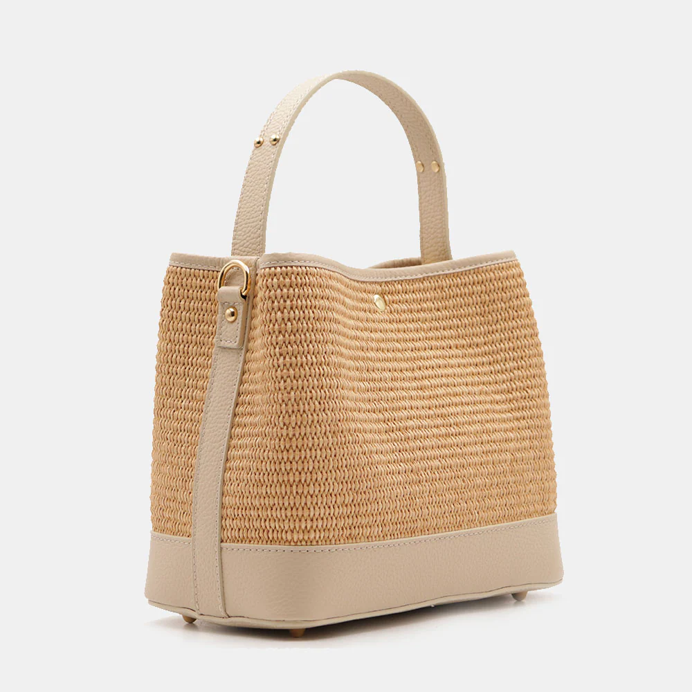 Borsa Donna Secchiello a Mano VIAVERDI in Pelle Beige e Rafia Made in Italy linea Fiesole - Image 5