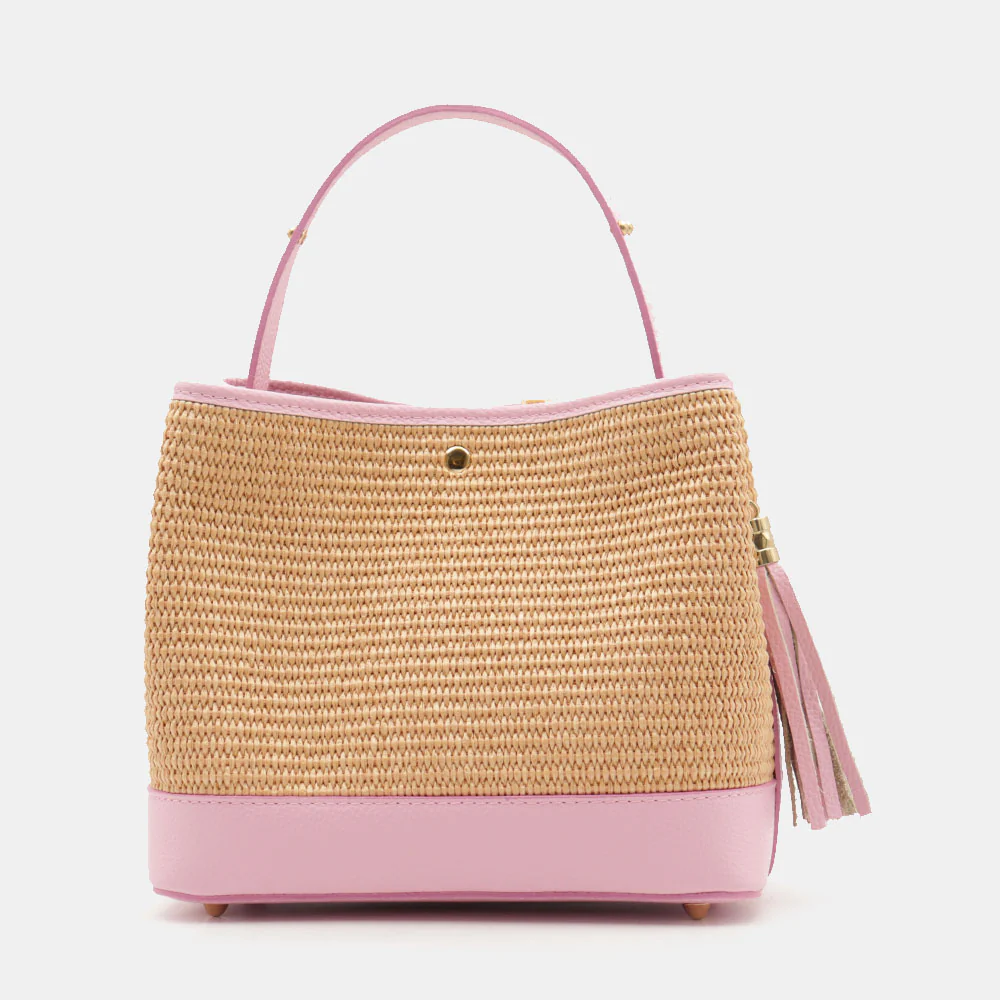 Borsa Donna Secchiello a Mano VIAVERDI in Pelle Rosa e Rafia Made in Italy linea Fiesole