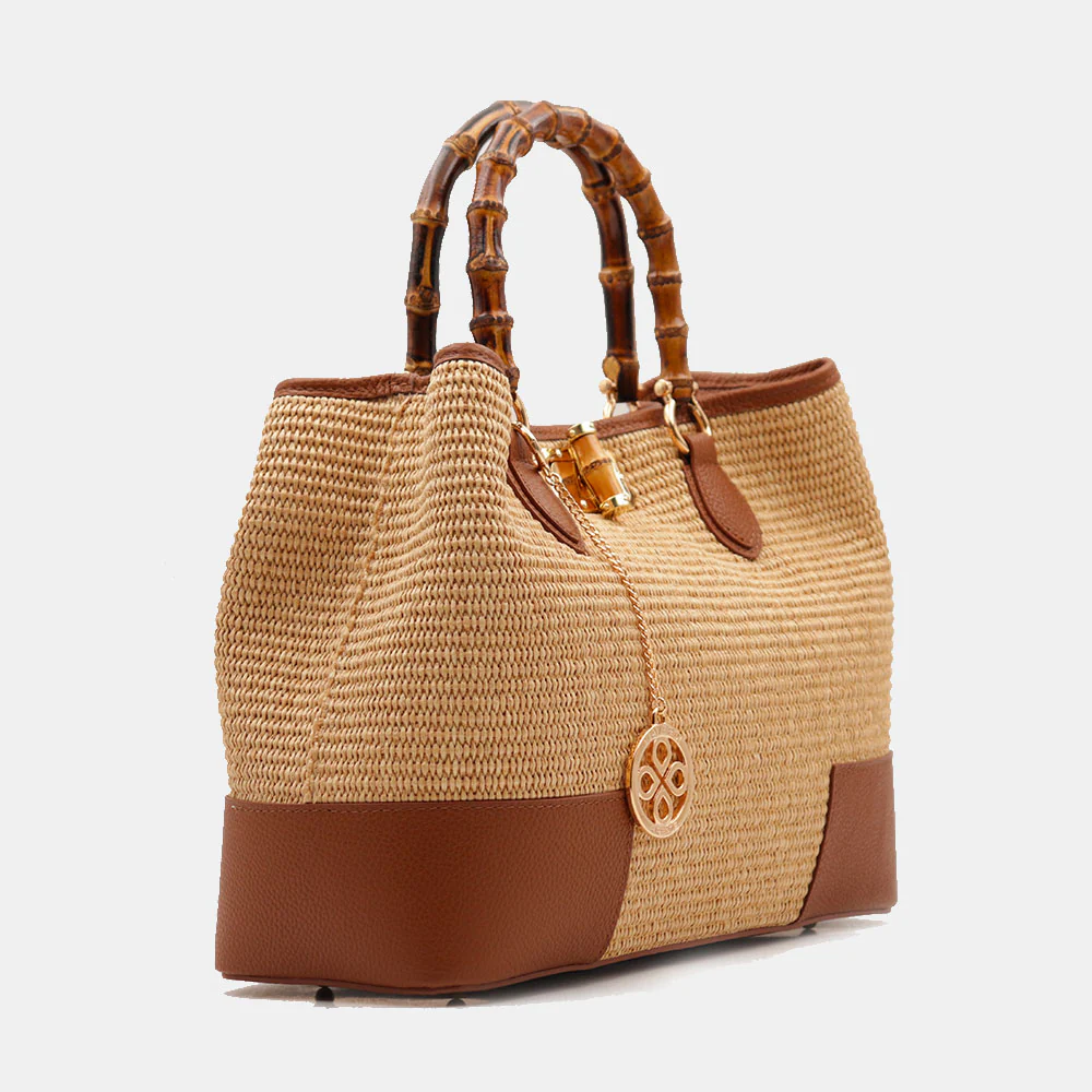 Borsa Grande a Mano VIAVERDI in Rafia e Pelle color Cuoio Made in Italy linea Volterra - Image 5