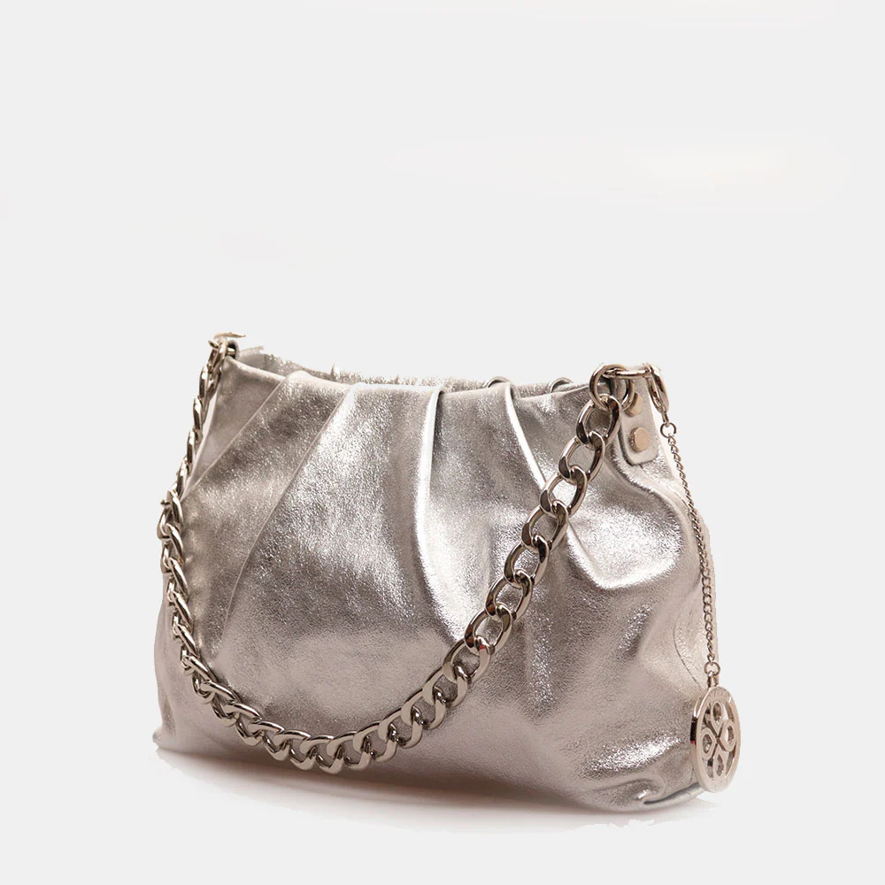 Borsa Hobo a Spalla con Catena VIAVERDI in Pelle Argento Made in Italy linea Monteriggioni - Image 3