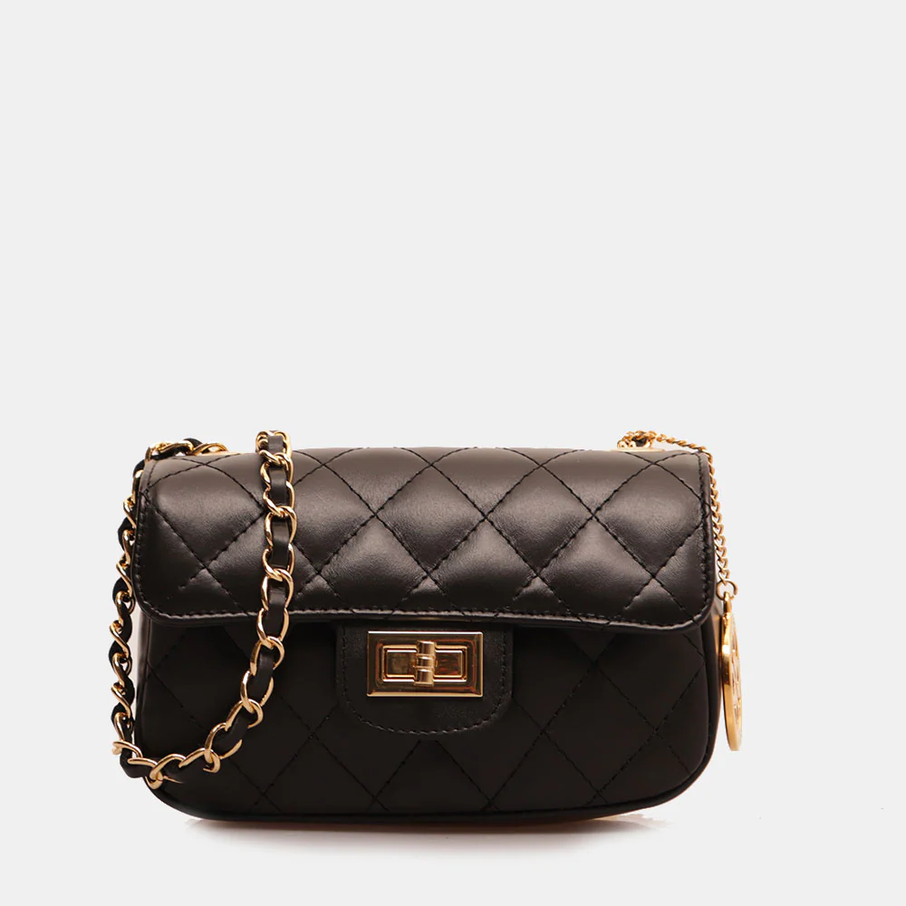 Borsa Piccola a Spalla VIAVERDI in Pelle Nera Matelassè Made in Italy linea Saturnia