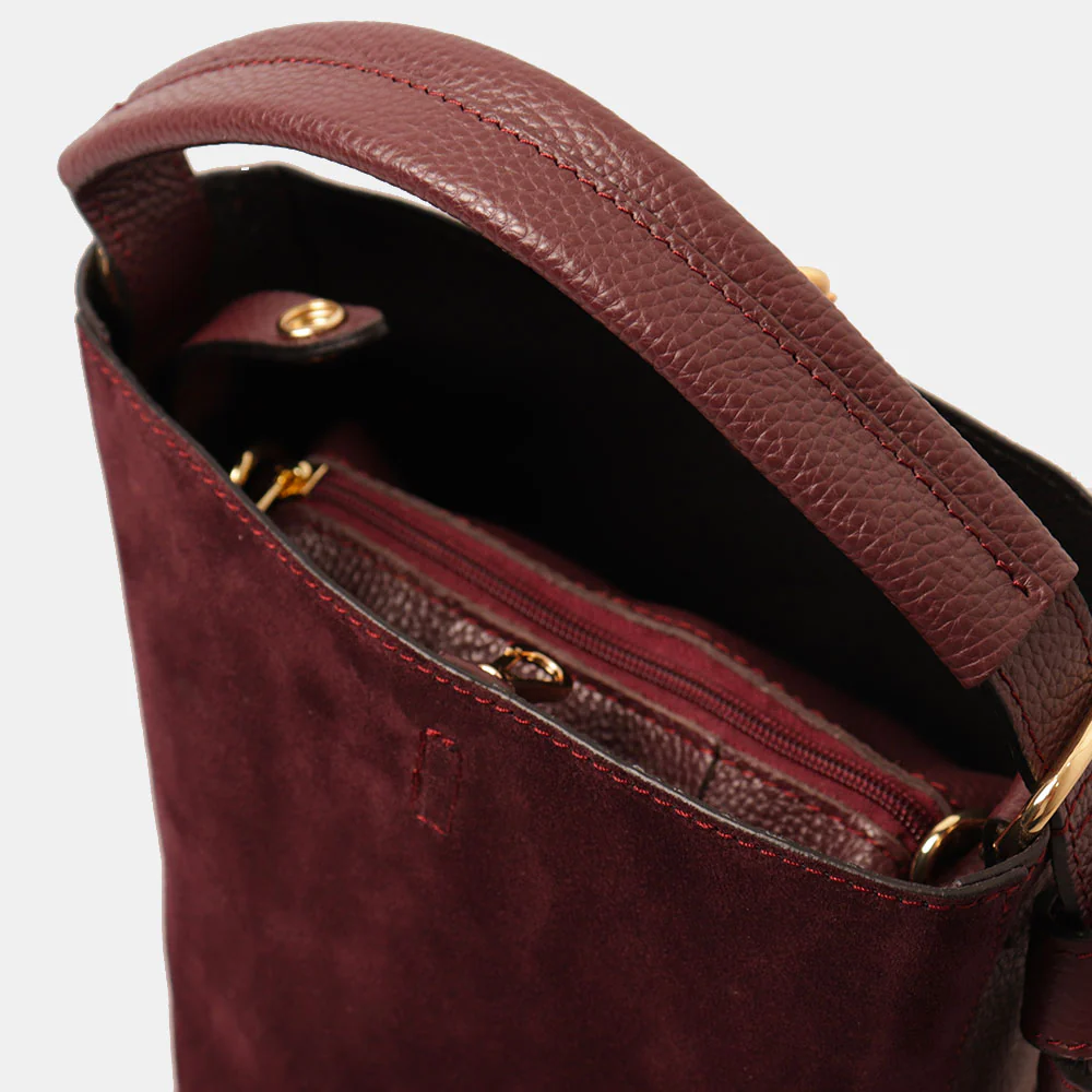 Borsa Secchiello con Pochette VIAVERDI in Camoscio e Pelle Bordeaux Made in Italy linea Pienza - Image 6