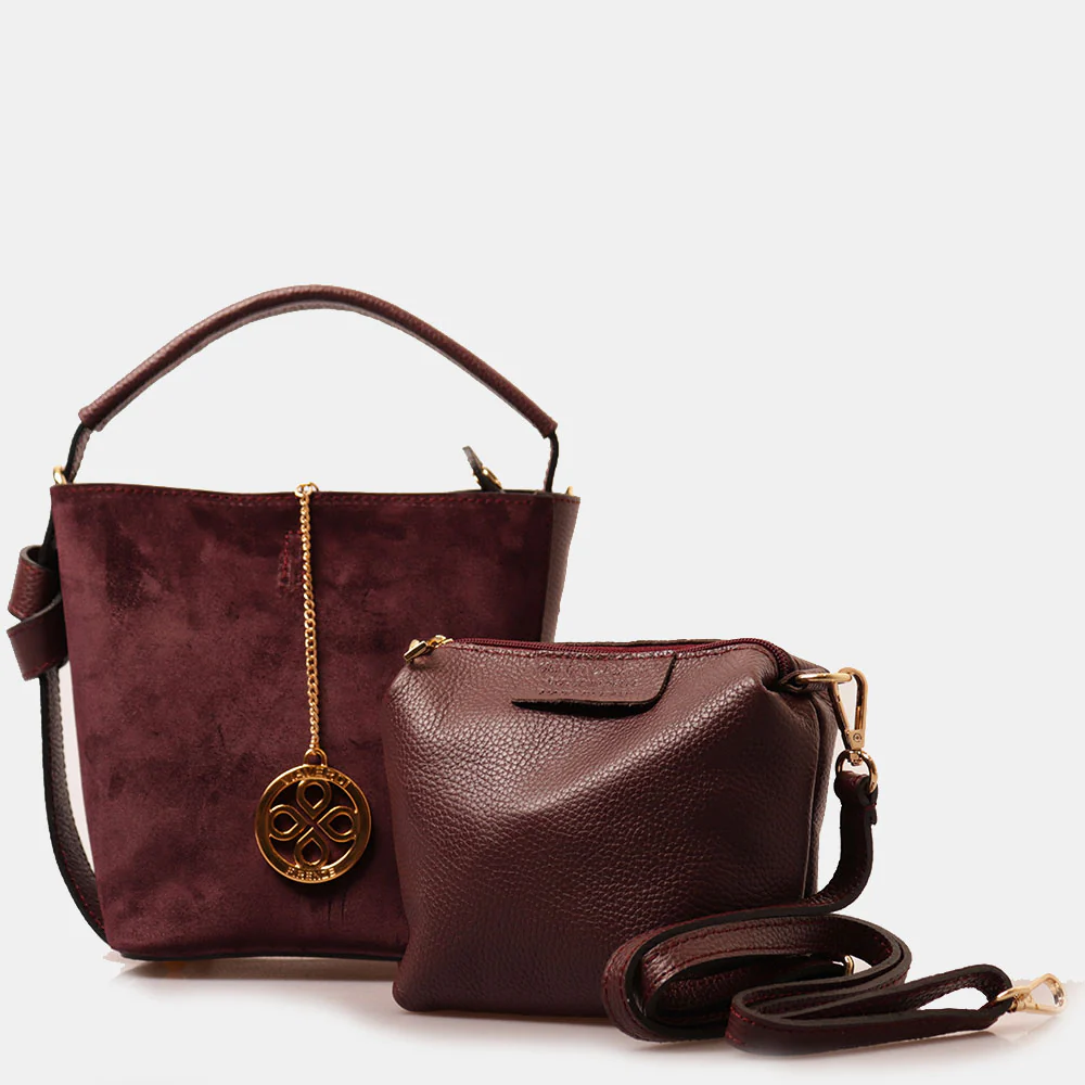 Borsa Secchiello con Pochette VIAVERDI in Camoscio e Pelle Bordeaux Made in Italy linea Pienza - Image 7