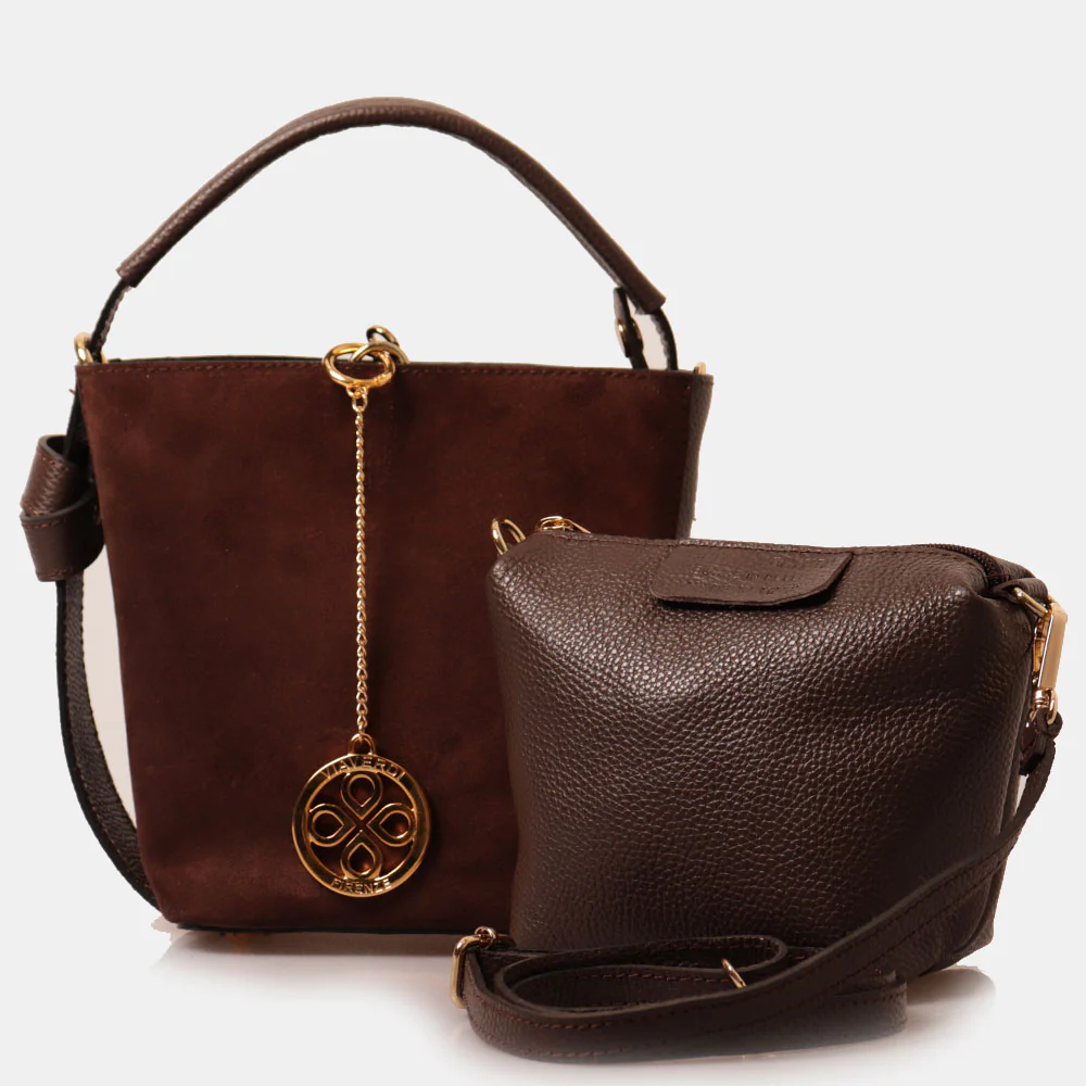 Borsa Secchiello con Pochette VIAVERDI in Camoscio e Pelle Marrone Scuro Made in Italy linea Pienza - Image 6