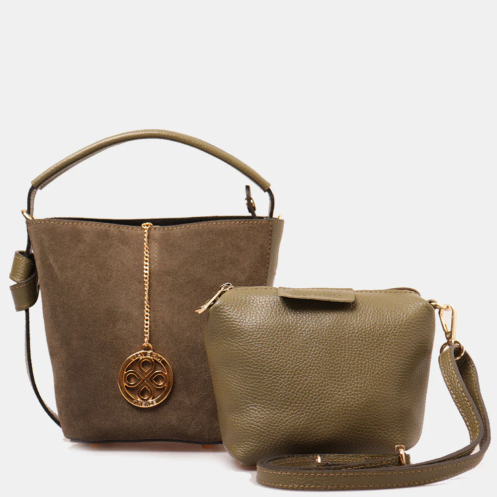 Borsa Secchiello con Pochette VIAVERDI in Camoscio e Pelle Verde Made in Italy linea Pienza - Image 5
